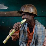 En indisk arbeider tygger på et sukkerrør i en pause fra jobben i Mumbai.